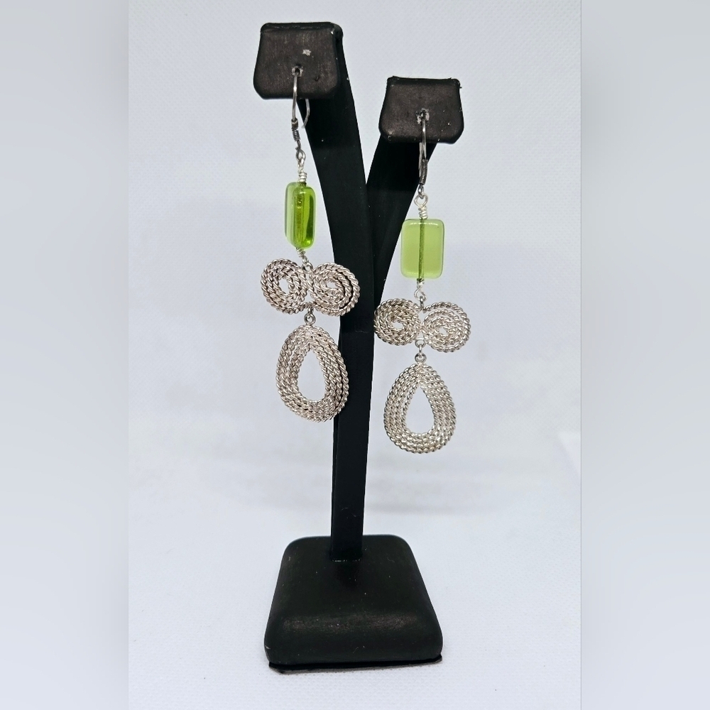 Silver Filigree Teardrop Earrings Lime Green Glass Bead Boho Retro